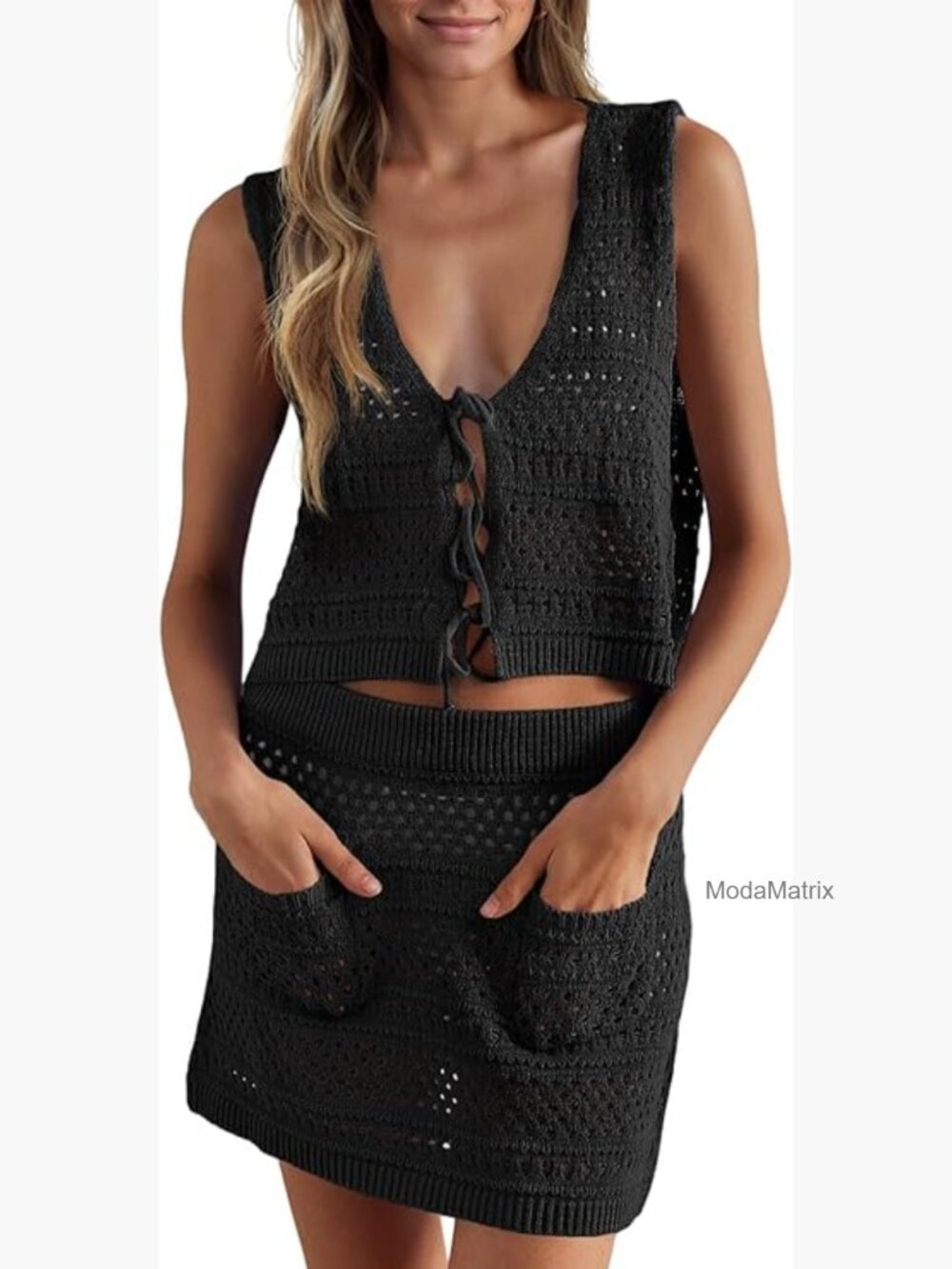 Crochet Swim Cover Up Set Sleeveless V Neck Front Tie Crop Top Mini Skirt